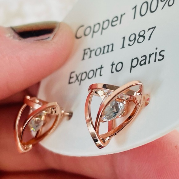 Rose Gold Triangular CZ Stud Earrings - Picture 8 of 10